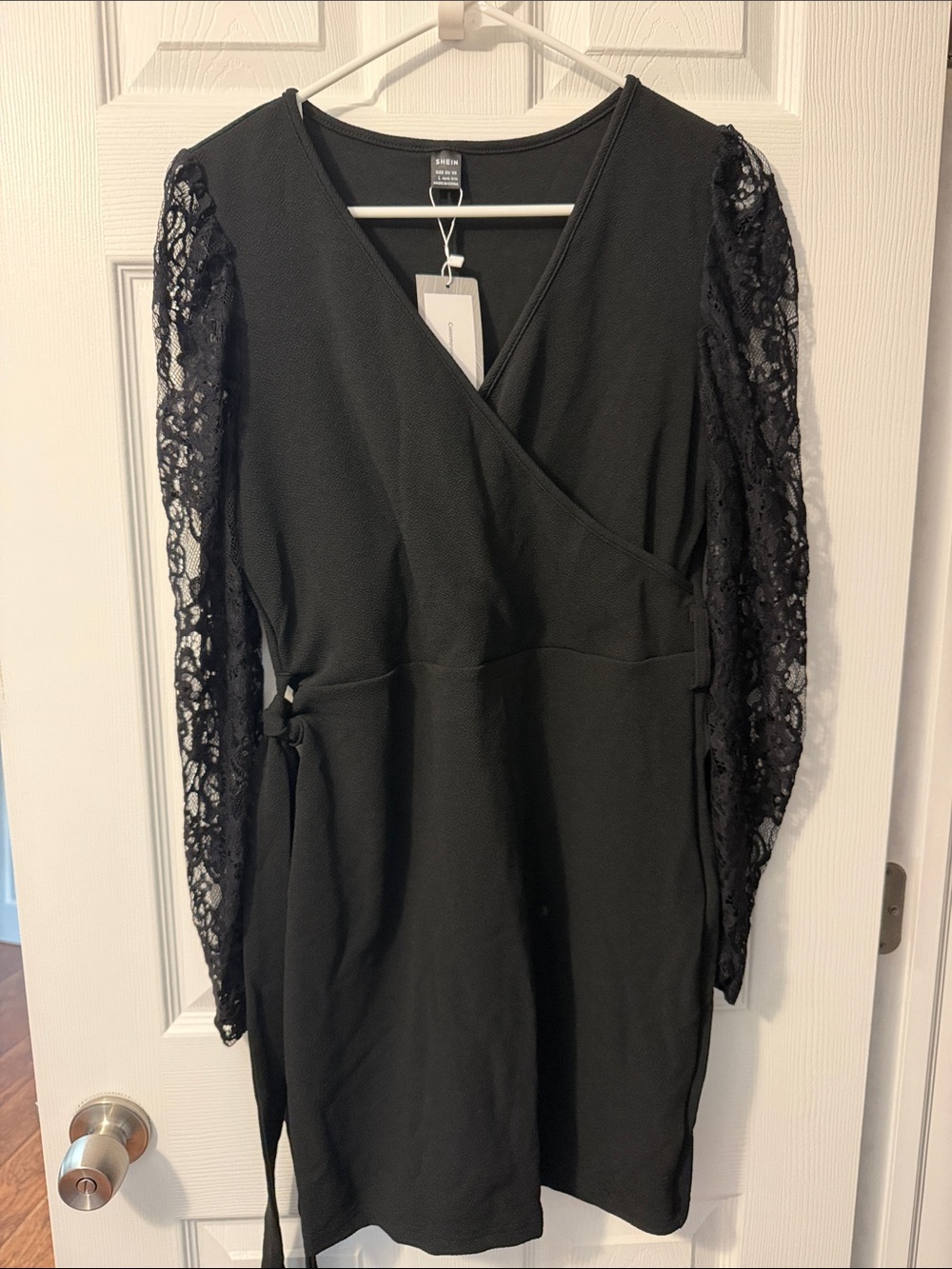 SHEIN Black Wrap Dress with Lace Long Sleeves